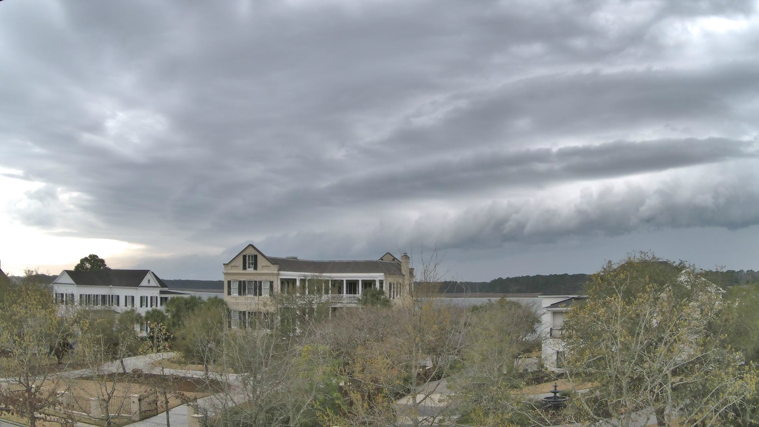 Shelf cloud over a coastal neighborhood captured by Wicked Skies